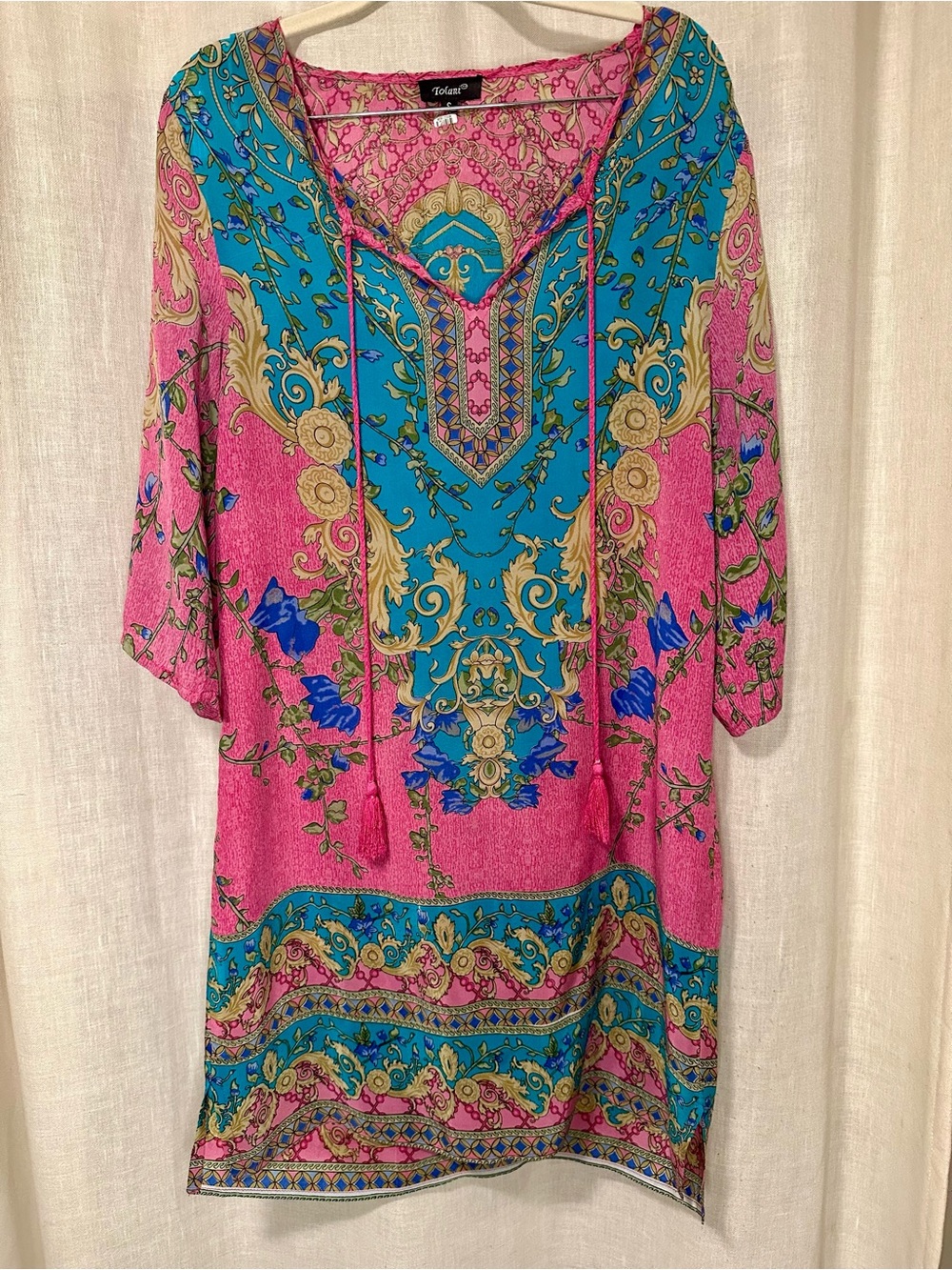 Tolani Boho Colorful Floral 100% Silk Tunic Dress Swim Coverup Resortwear Sz S